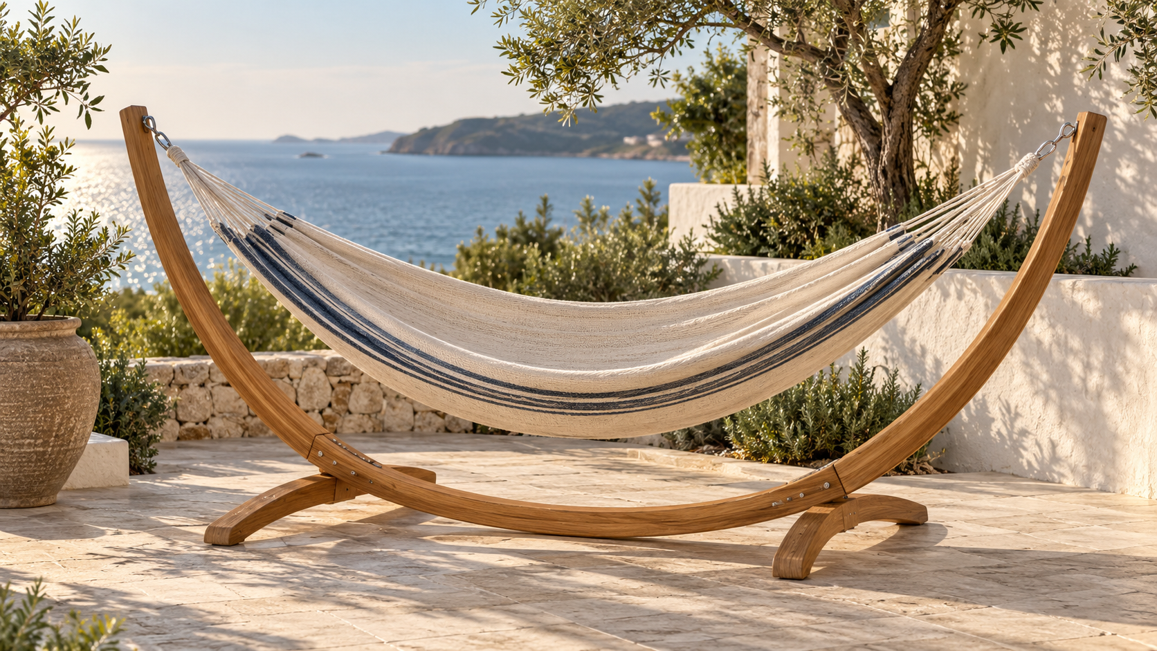 Woven hammock in a relaxed outdoor setting